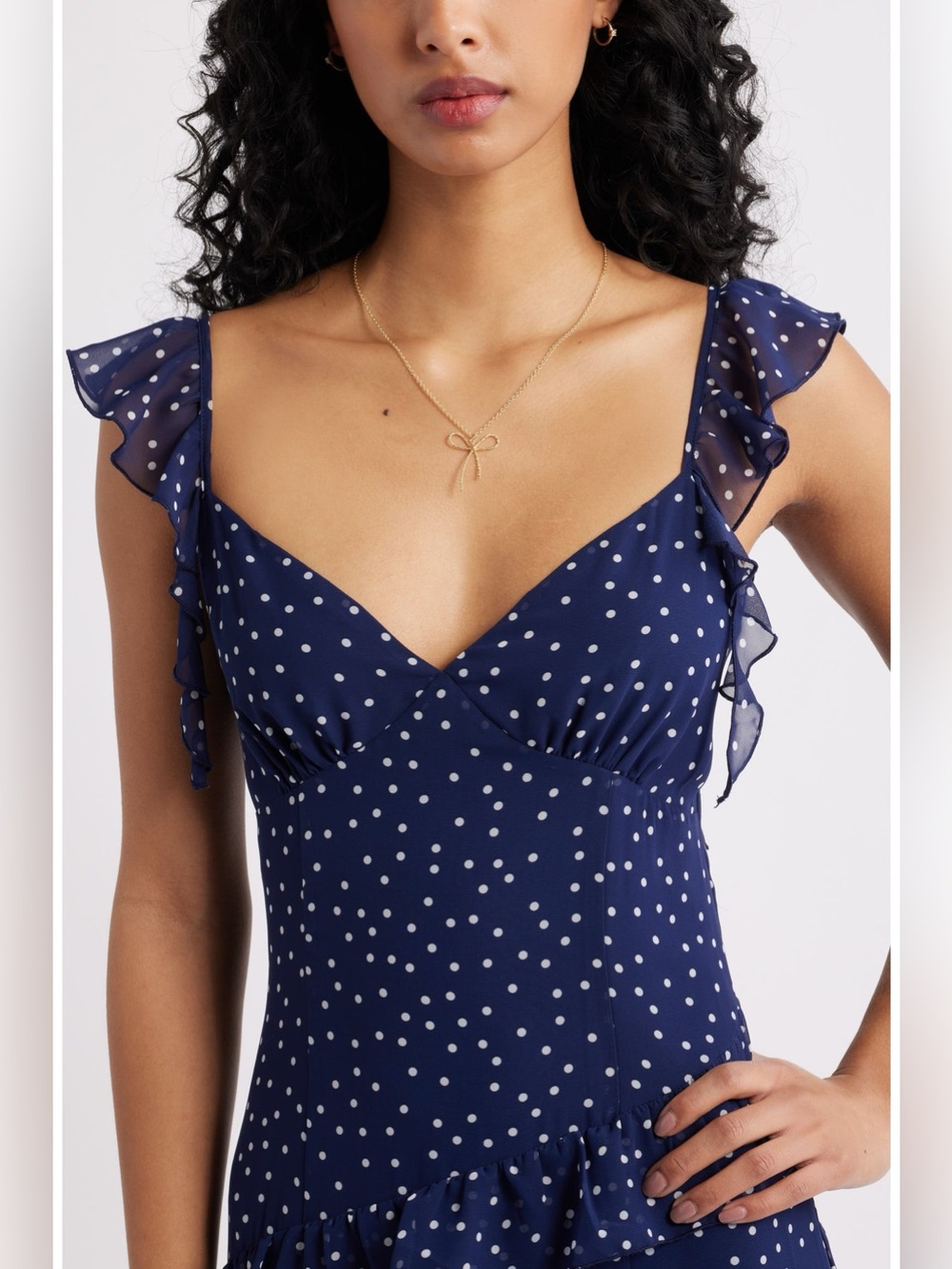 BP Navy Polka Dot Asymmetric Ruffle Tiered Maxi Dress | Size M - Picture 5 of 17